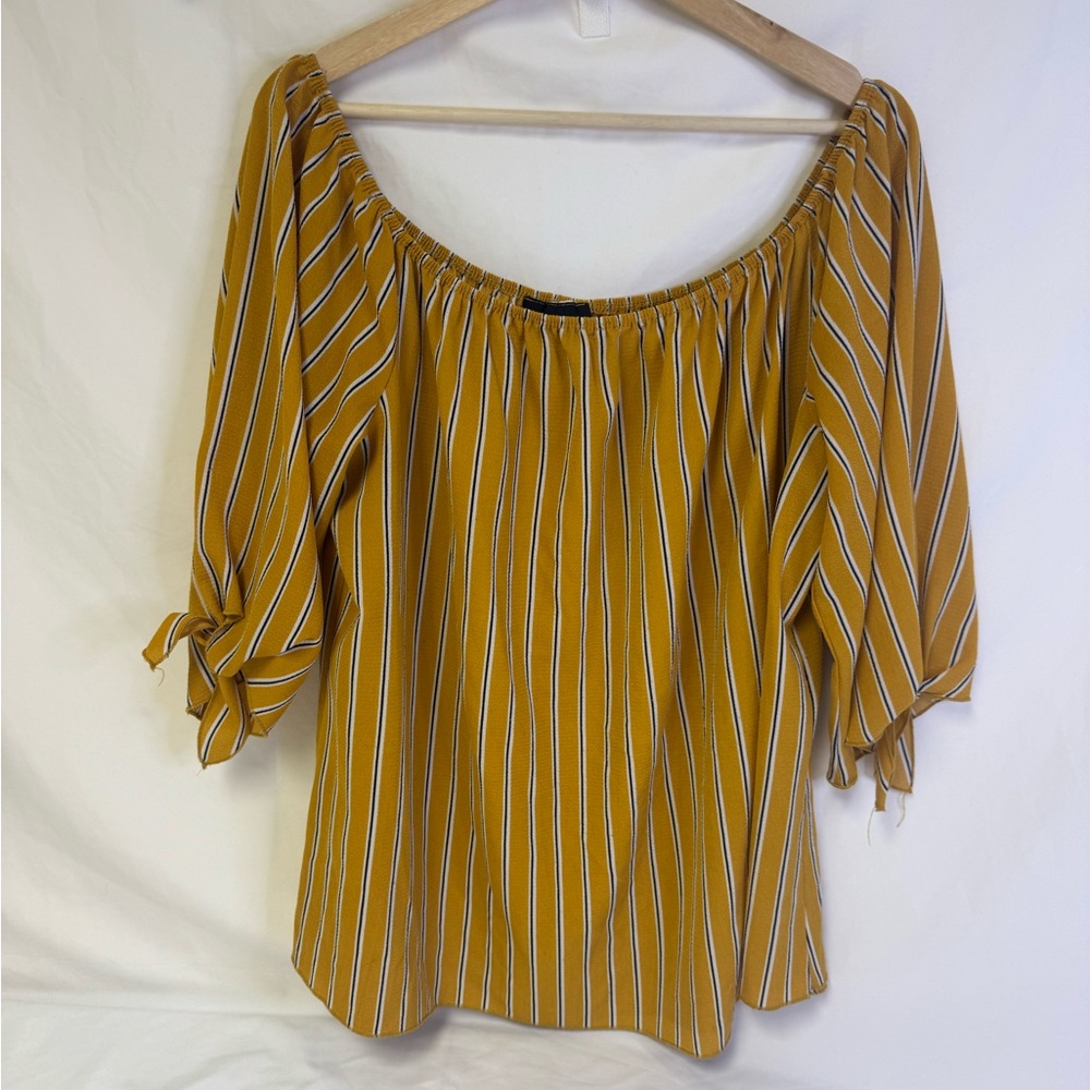 Marianne Mustard Yellow Striped Off-Shoulder Tie-Sleeve Top